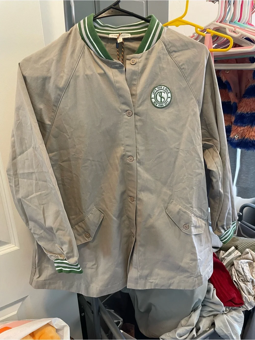 Unbranded Kids Gray Cotton-Blend Bomber Jacket with Green Trim